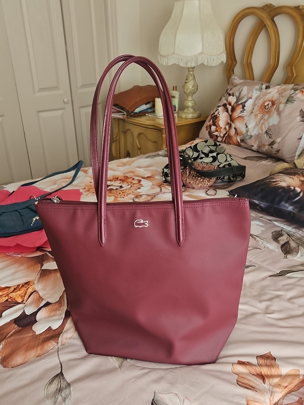 LACOSTE Wine Color tote Back W Inside Zipper Compartment. NWOT